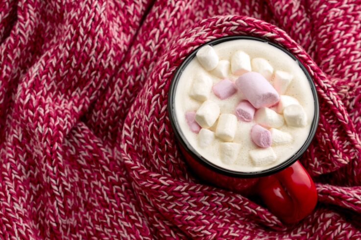 Cozy mug of hot chocolate and marshmellows